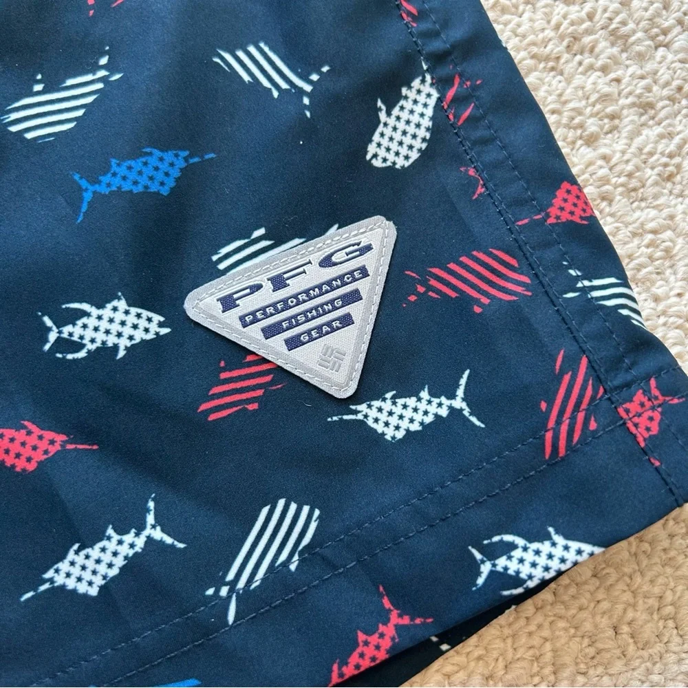Columbia Navy Blue Red White Fish Print Swim Trunks
